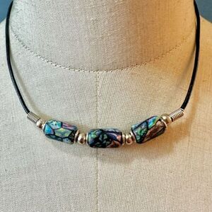 Blue clay painted beaded necklace on cord